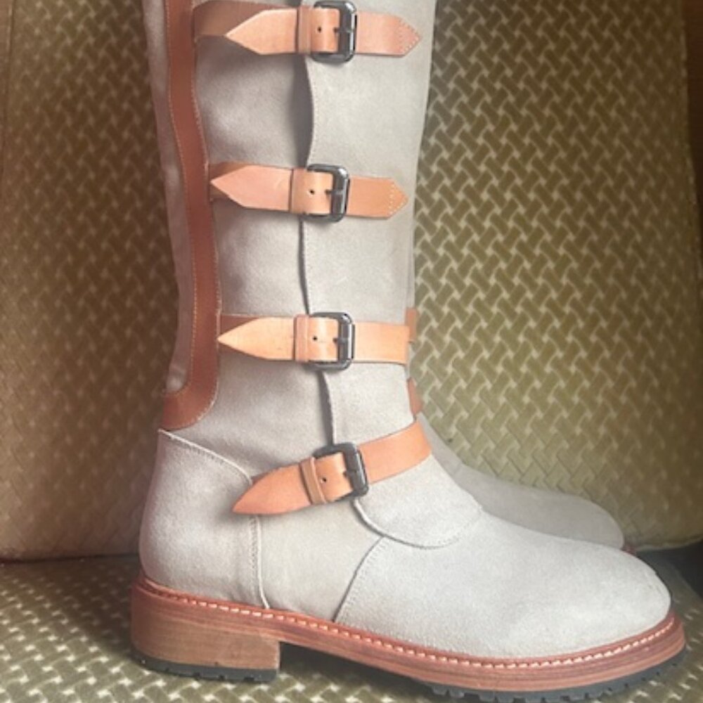 Free People Tristie Buckle Moto Tan Suede Leather Straps Knee High Boots